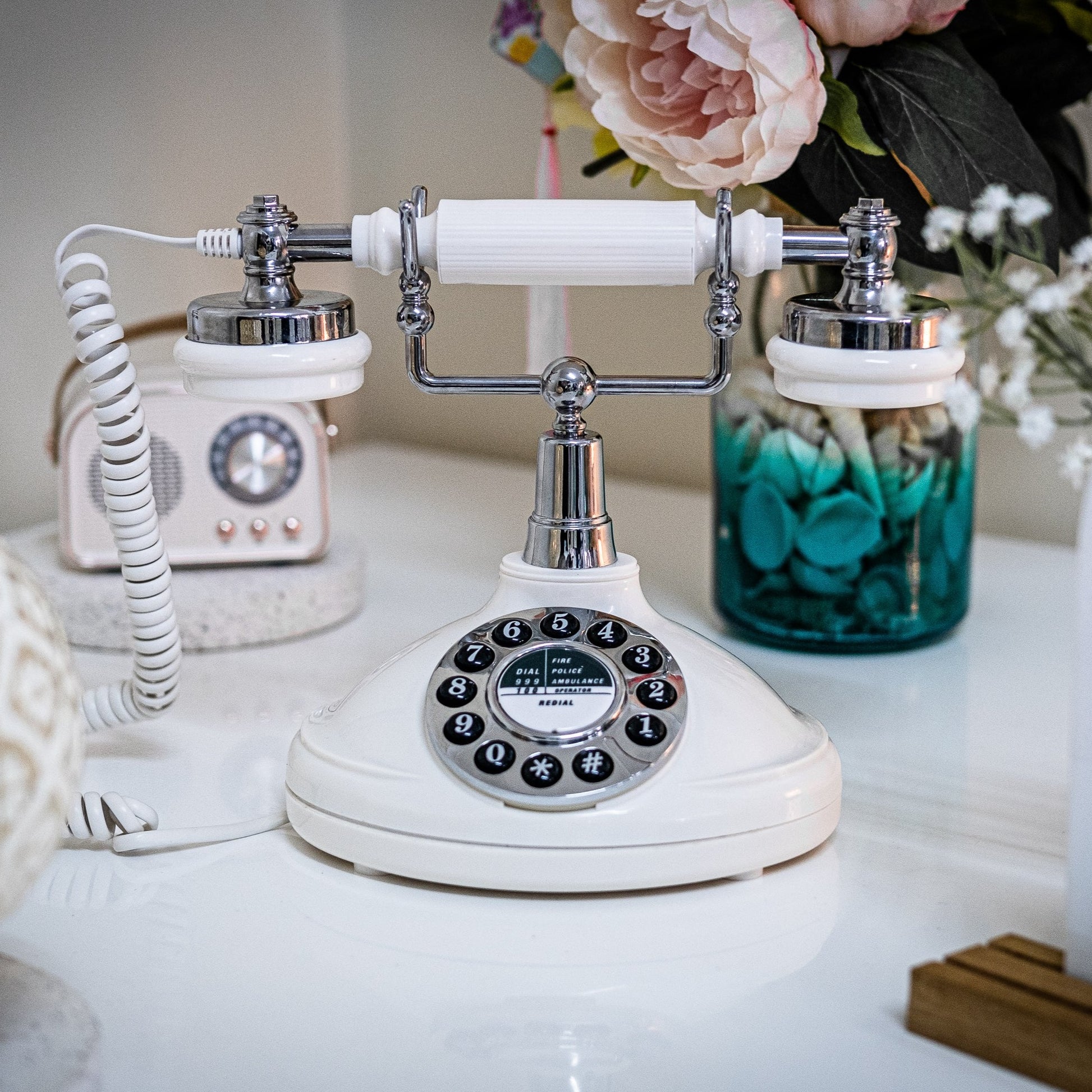Vintage White Phone with Modern Twist Audio Guest Book, Front