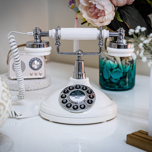 Vintage White Phone with Modern Twist Audio Guest Book, Front