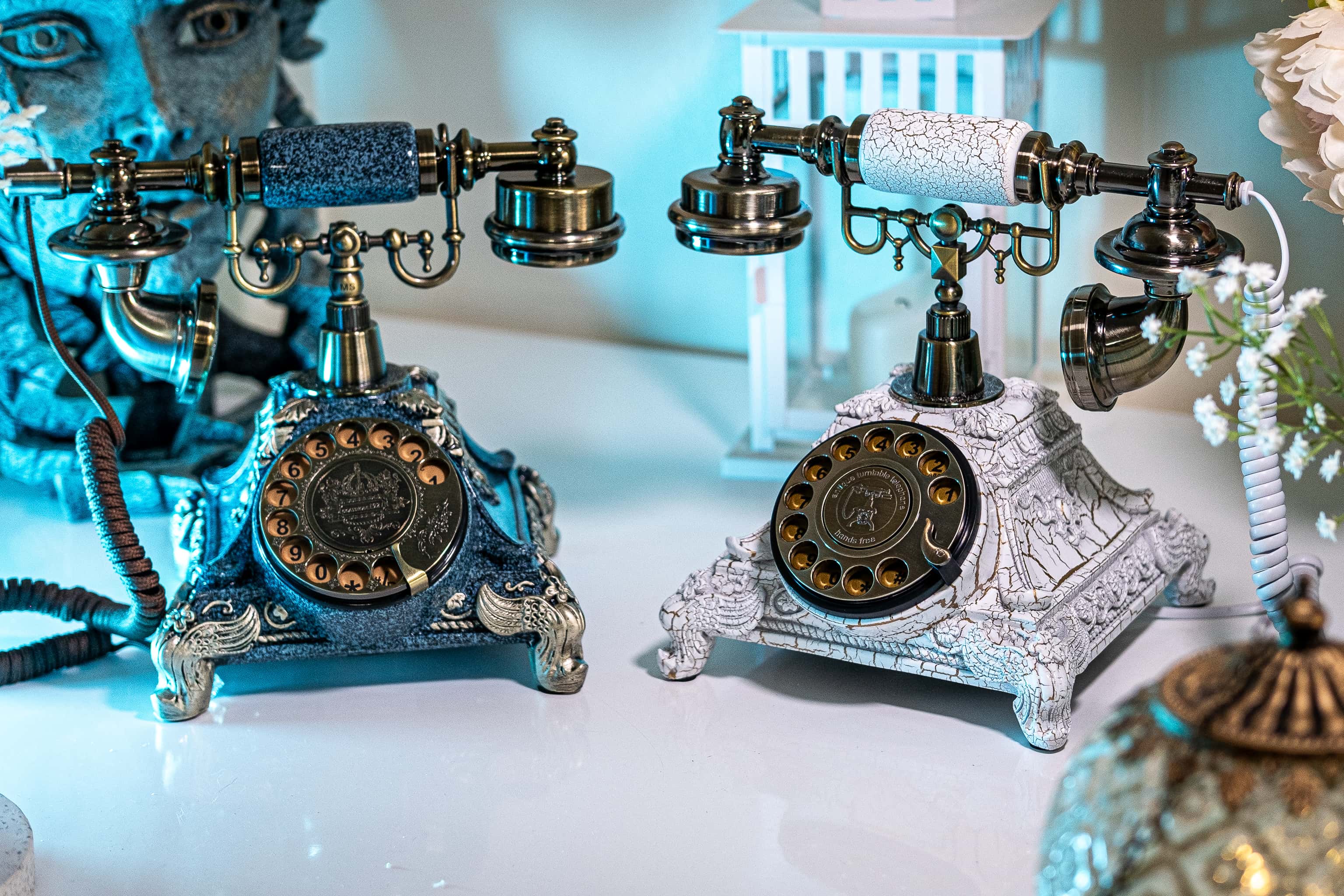 Pearl Blue and Pearl White vintage rotary telephones used as wedding audio guest books